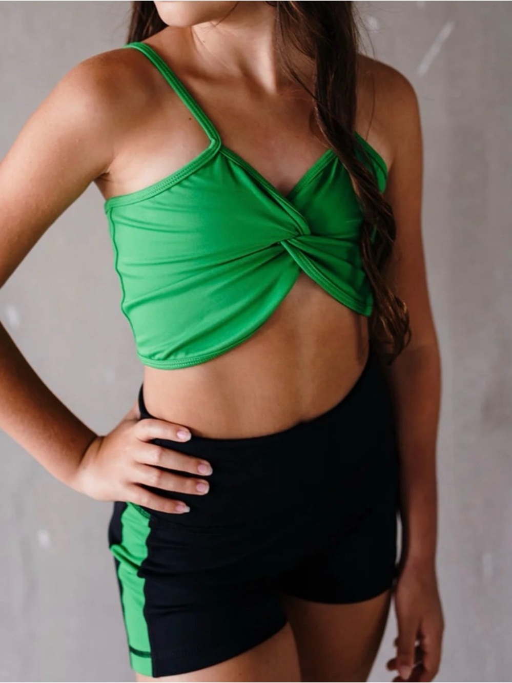 Green Twist Front Crop Top and Black Shorts Dancewear Set